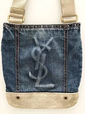 1990s Yves Saint Laurent Crossbody Shoulder Denim Logo Bag