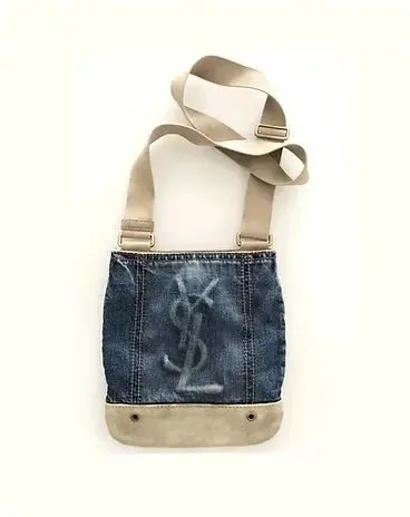 1990s Yves Saint Laurent Crossbody Shoulder Denim Logo Bag