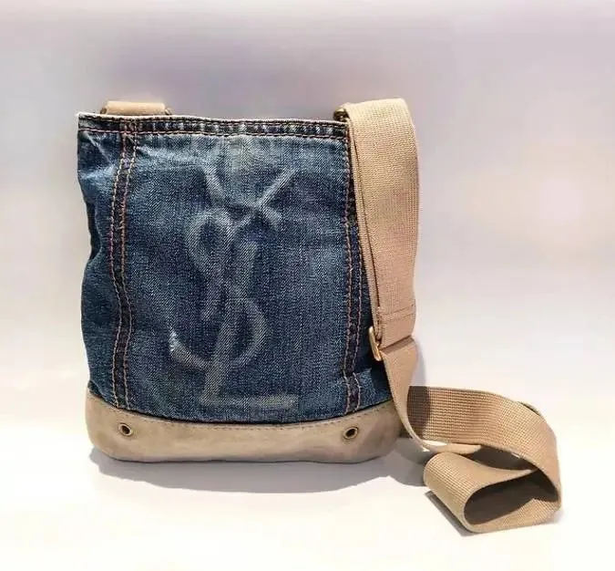 1990s Yves Saint Laurent Crossbody Shoulder Denim Logo Bag