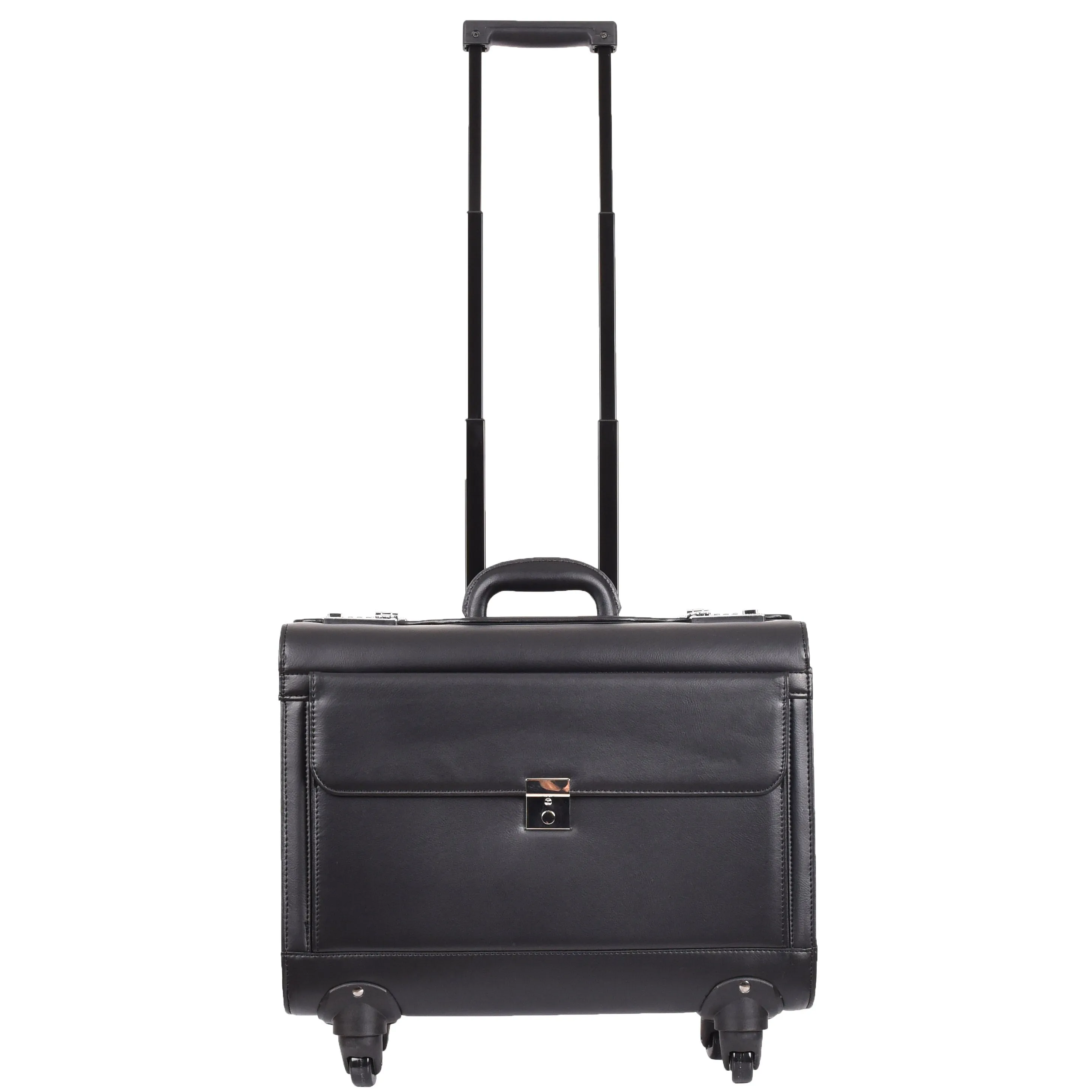 4 Wheel Spinner Leather Pilot Case Flight Carry on Cabin Bag HOL966 Black