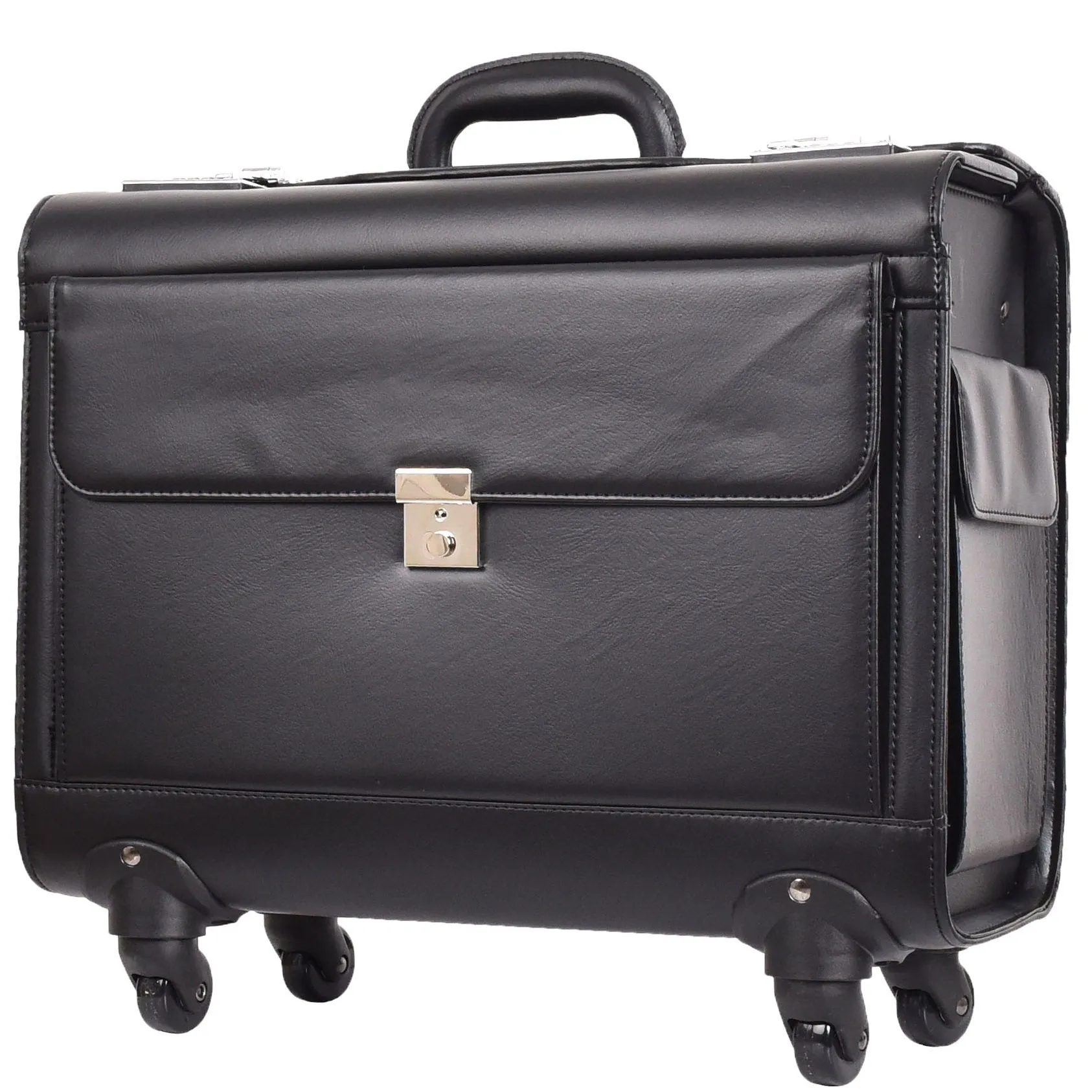 4 Wheel Spinner Leather Pilot Case Flight Carry on Cabin Bag HOL966 Black