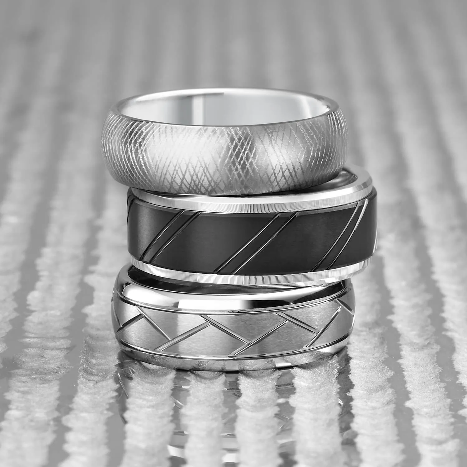 8MM Tungsten Carbide Ring - Domed Alternating Diagonal Cuts and Bevel Edge