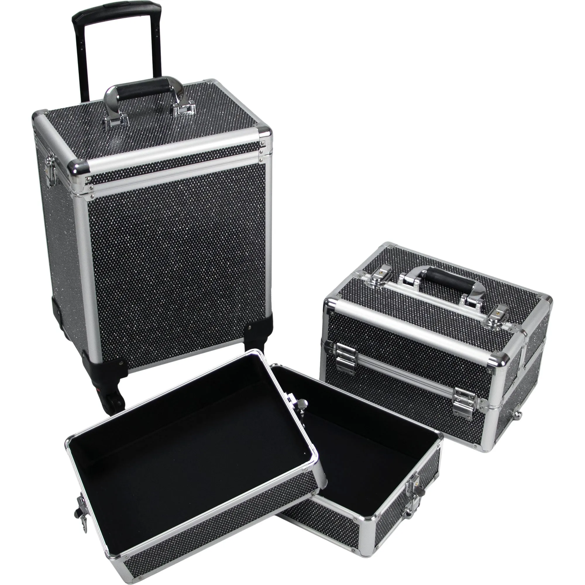 9 in 1 Professional Interchangeable Rolling Makeup Train Case Large Capacity Trolley Travel Storage Cosmetic Organizer Portable Extra Lid Key Swivel Wheels Salon Barber - VT020