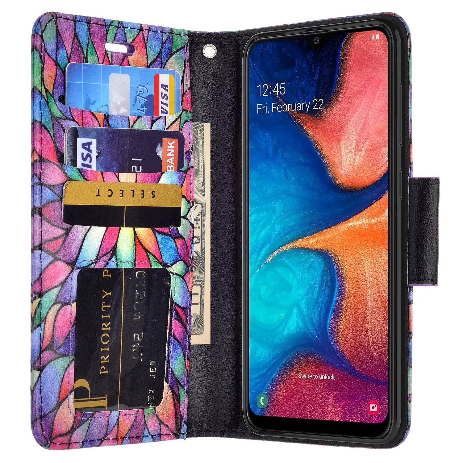 Alcatel 3V (2019) Case, 3V (2019) Wallet Case, Wrist Strap Pu Leather Wallet Case [Kickstand] with ID & Credit Card Slots - Rainbow Flower