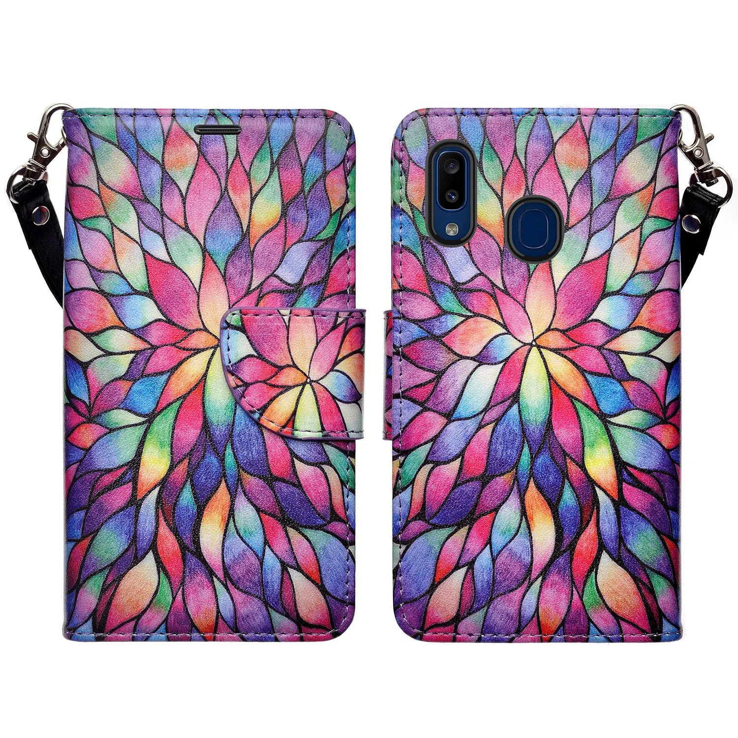 Alcatel 3V (2019) Case, 3V (2019) Wallet Case, Wrist Strap Pu Leather Wallet Case [Kickstand] with ID & Credit Card Slots - Rainbow Flower