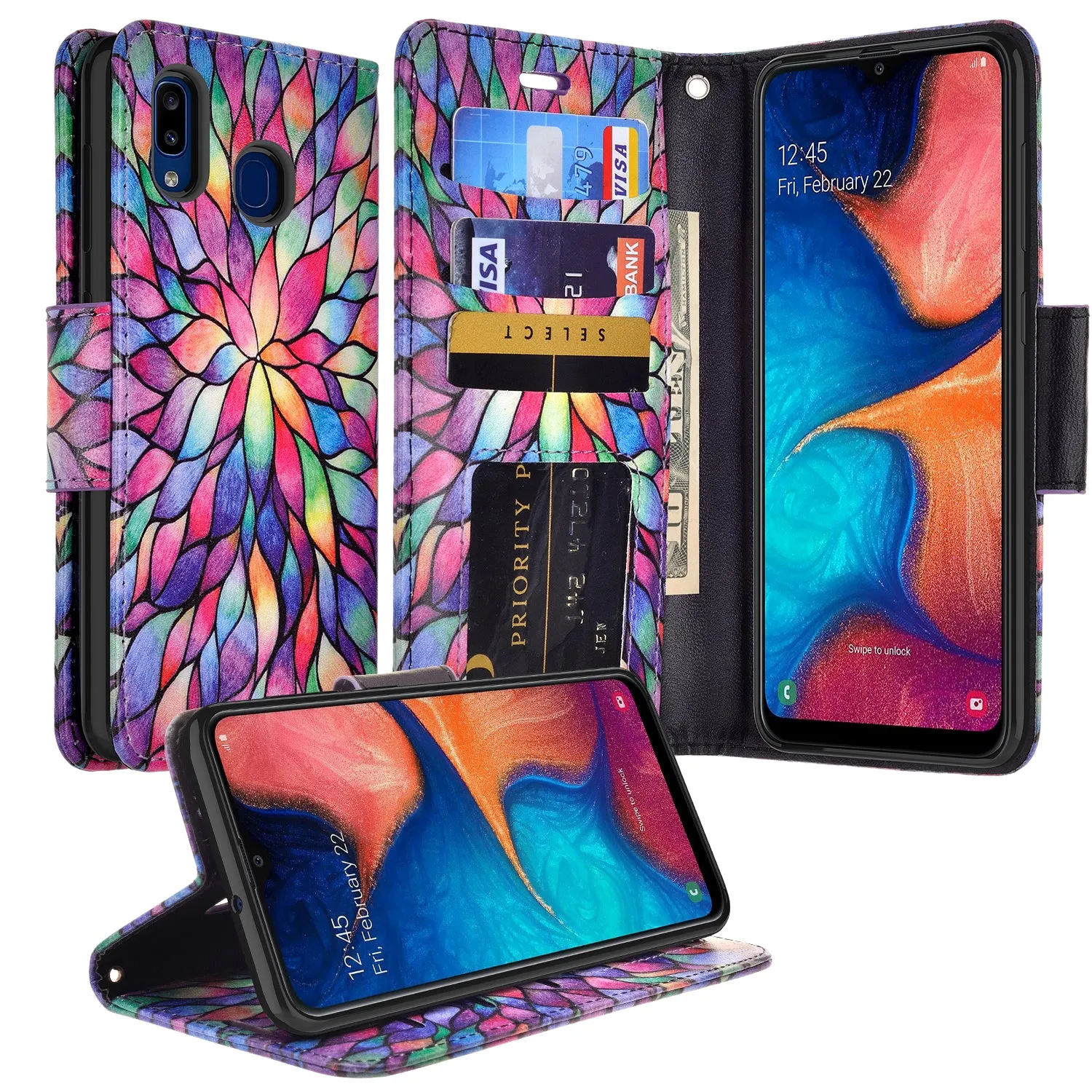 Alcatel 3V (2019) Case, 3V (2019) Wallet Case, Wrist Strap Pu Leather Wallet Case [Kickstand] with ID & Credit Card Slots - Rainbow Flower