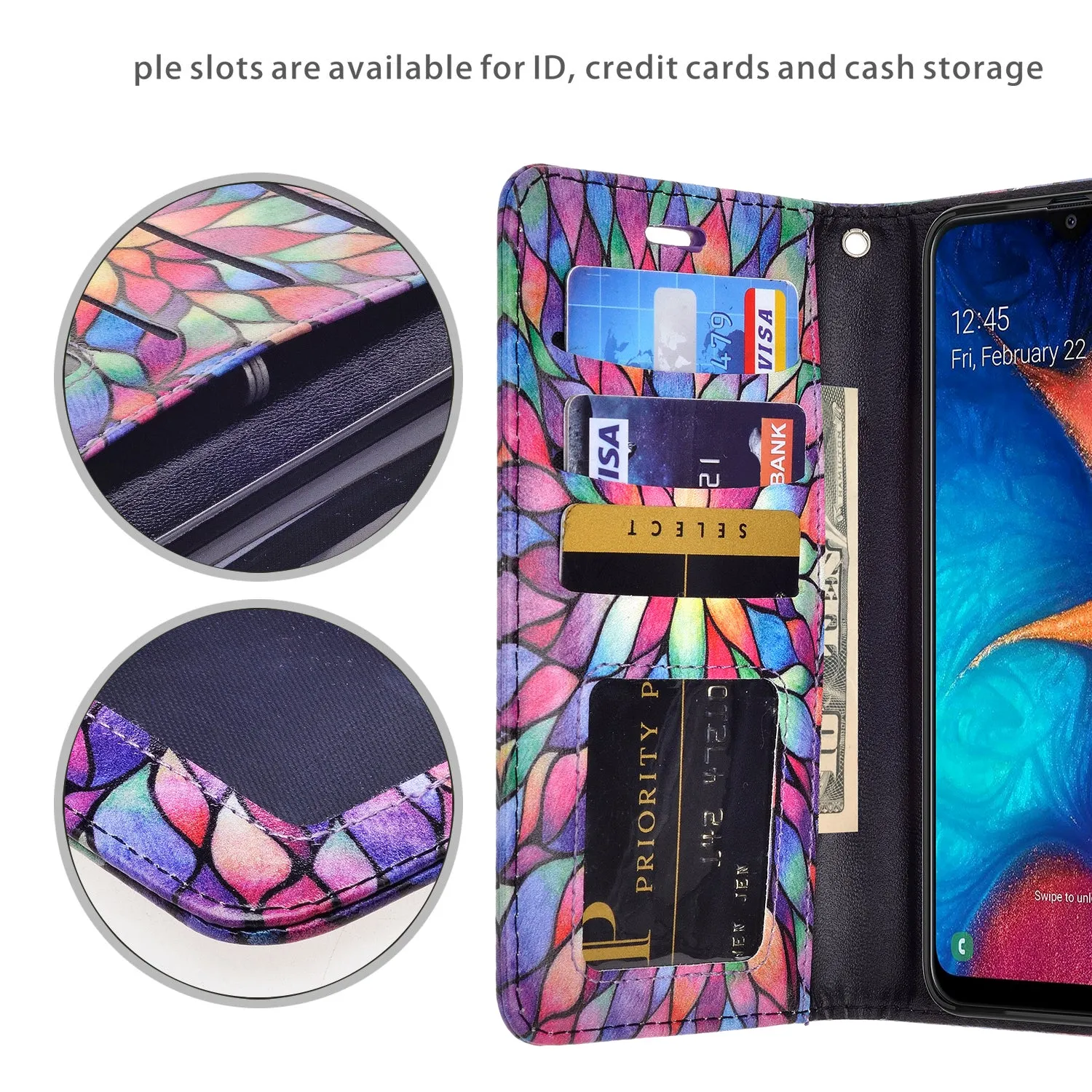 Alcatel 3V (2019) Case, 3V (2019) Wallet Case, Wrist Strap Pu Leather Wallet Case [Kickstand] with ID & Credit Card Slots - Rainbow Flower