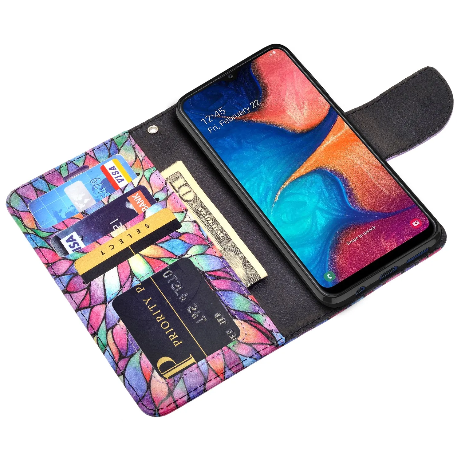 Alcatel 3V (2019) Case, 3V (2019) Wallet Case, Wrist Strap Pu Leather Wallet Case [Kickstand] with ID & Credit Card Slots - Rainbow Flower