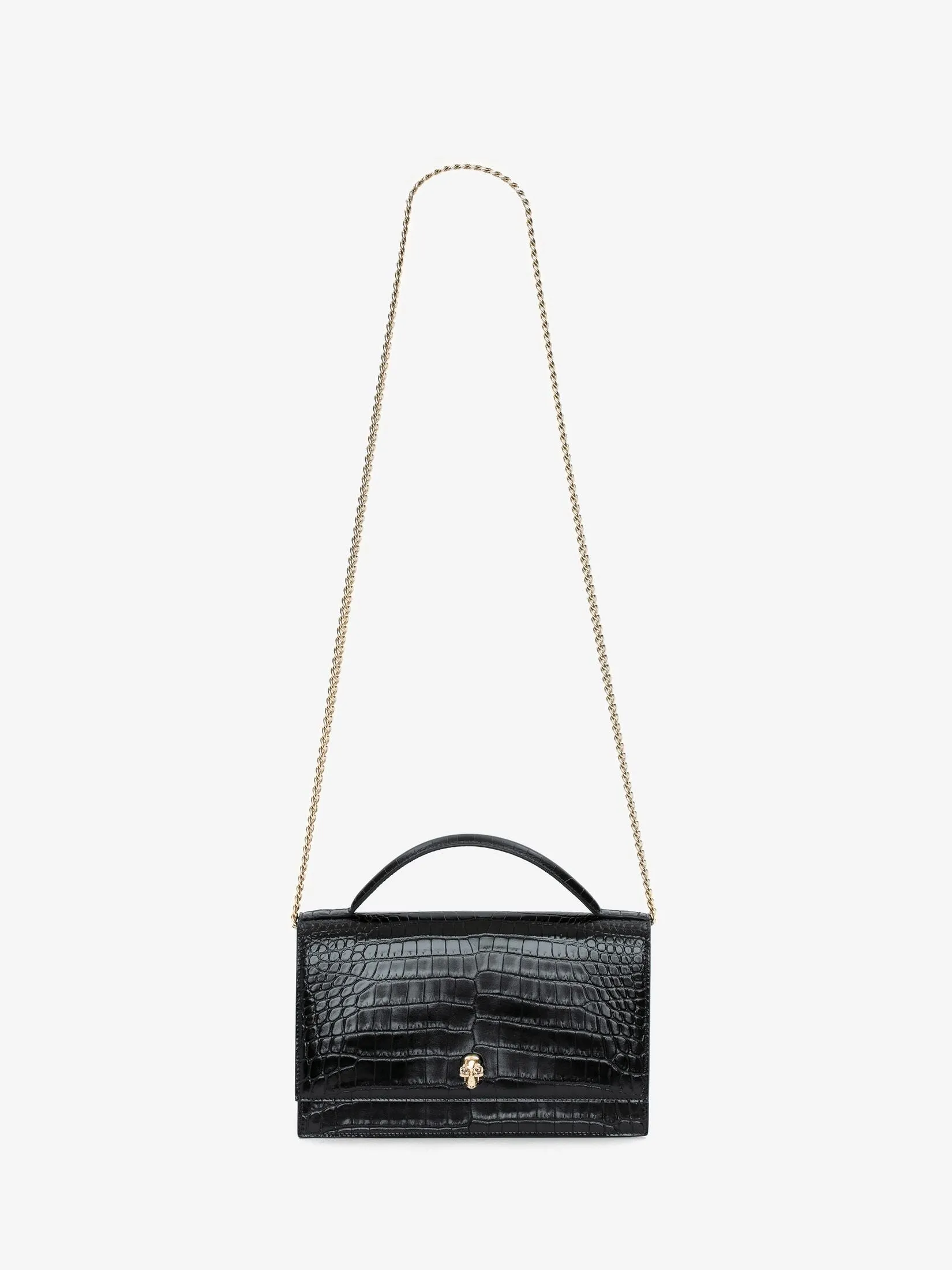 ALEXANDER MCQUEEN CROC EMBOSSED CALFSKIN TOP HANDLE SKULL CROSSBODY BAG