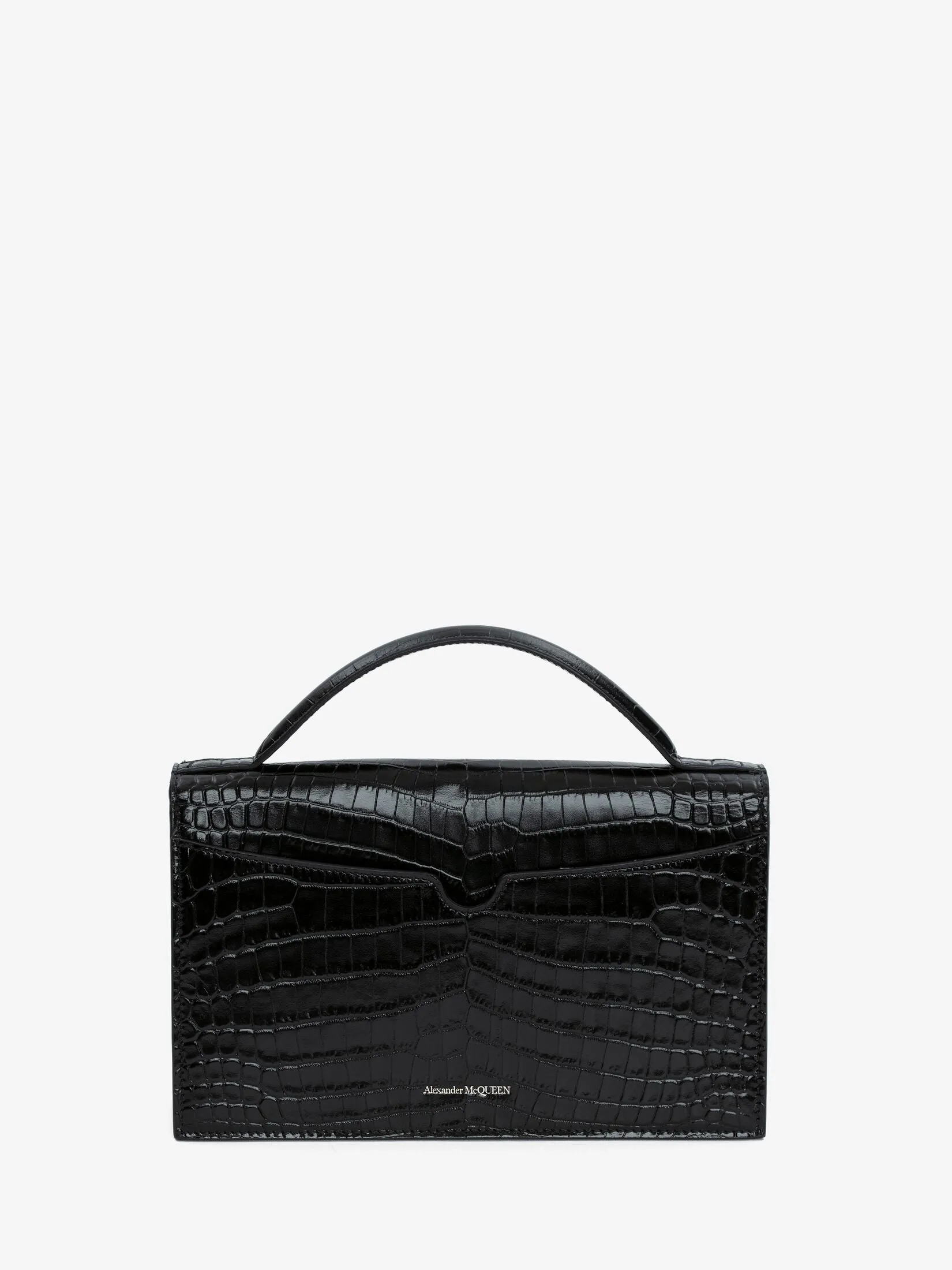 ALEXANDER MCQUEEN CROC EMBOSSED CALFSKIN TOP HANDLE SKULL CROSSBODY BAG