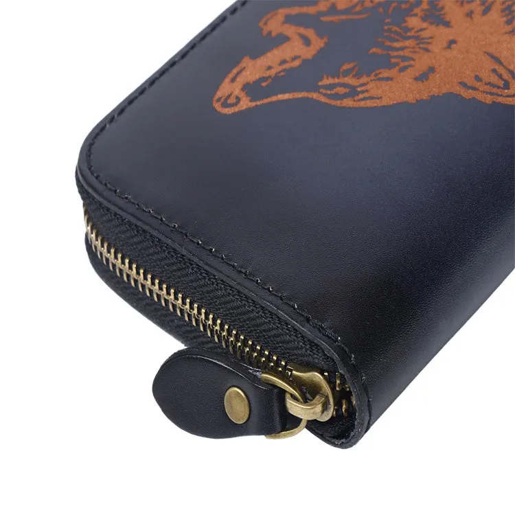 Around Zip Brown Leather Long Wallet Mens Wolf Zipper Clutch Wallet for Men