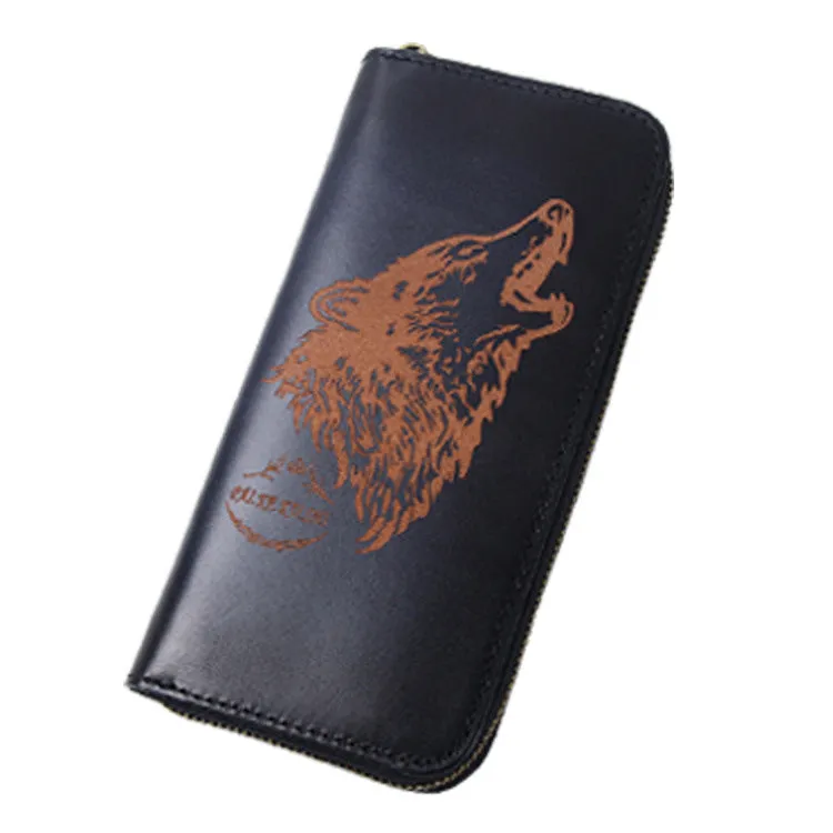 Around Zip Brown Leather Long Wallet Mens Wolf Zipper Clutch Wallet for Men