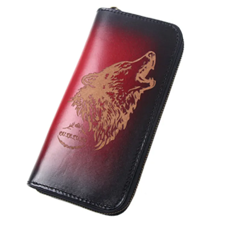 Around Zip Brown Leather Long Wallet Mens Wolf Zipper Clutch Wallet for Men