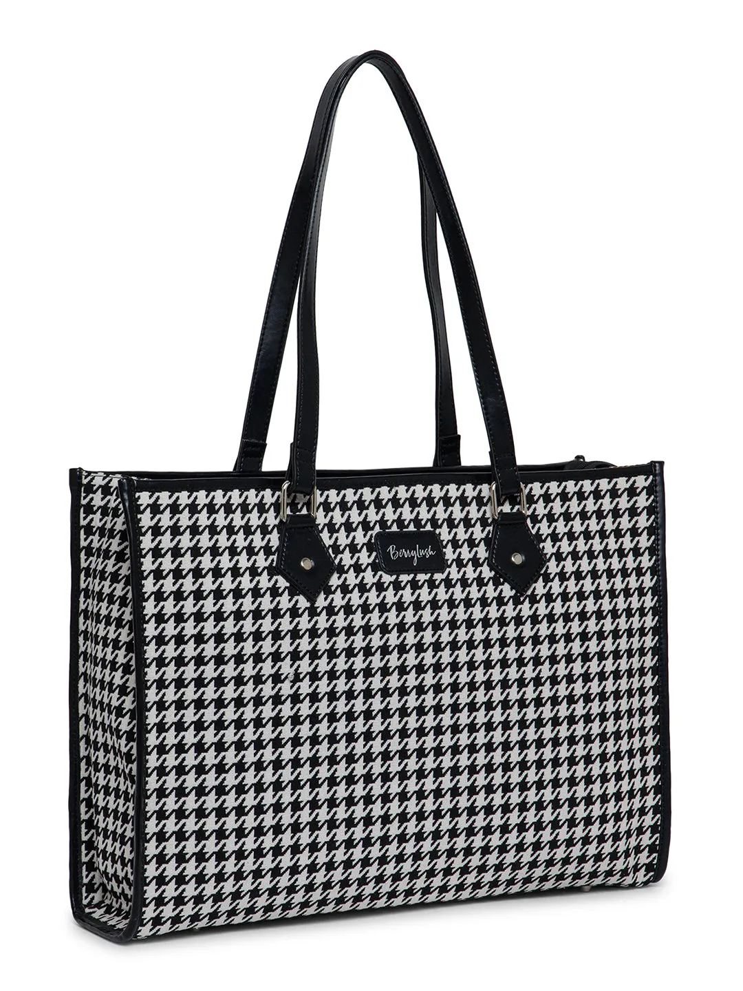 Berrylush Women Black & White Houndstooth Printed Polyester Two-Handle Zipper-Up Laptop Bag