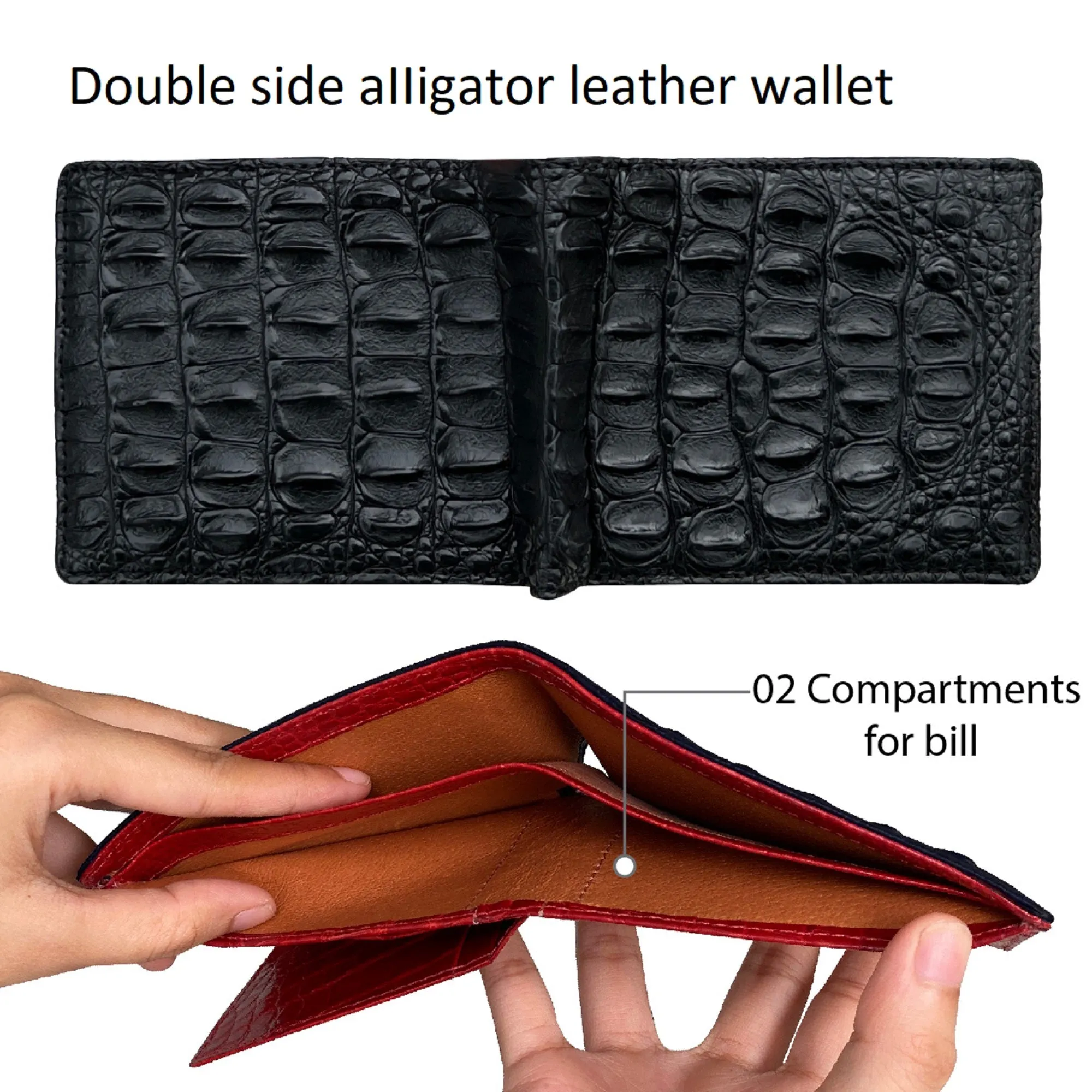 Black Double Side Alligator Hornback Leather Bifold Wallet For Men | Handmade Crocodile Wallet RFID Blocking | VINAM-112