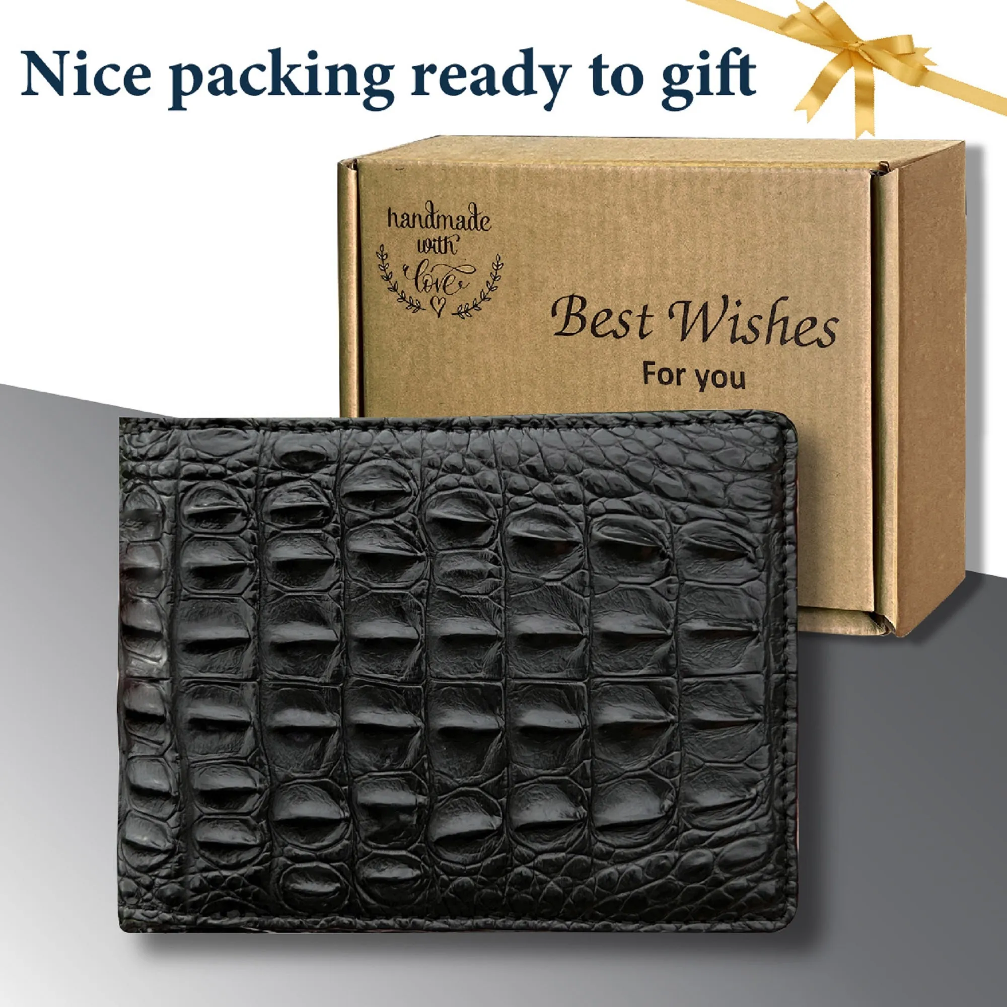 Black Double Side Alligator Hornback Leather Bifold Wallet For Men | Handmade Crocodile Wallet RFID Blocking | VINAM-112