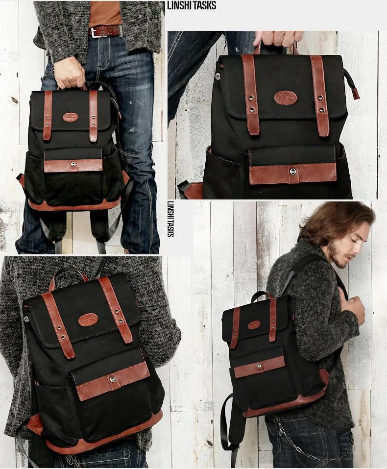 Black Fashion Canvas Leather Mens Laptop Backpack College Backpack Travel Backpack for Men