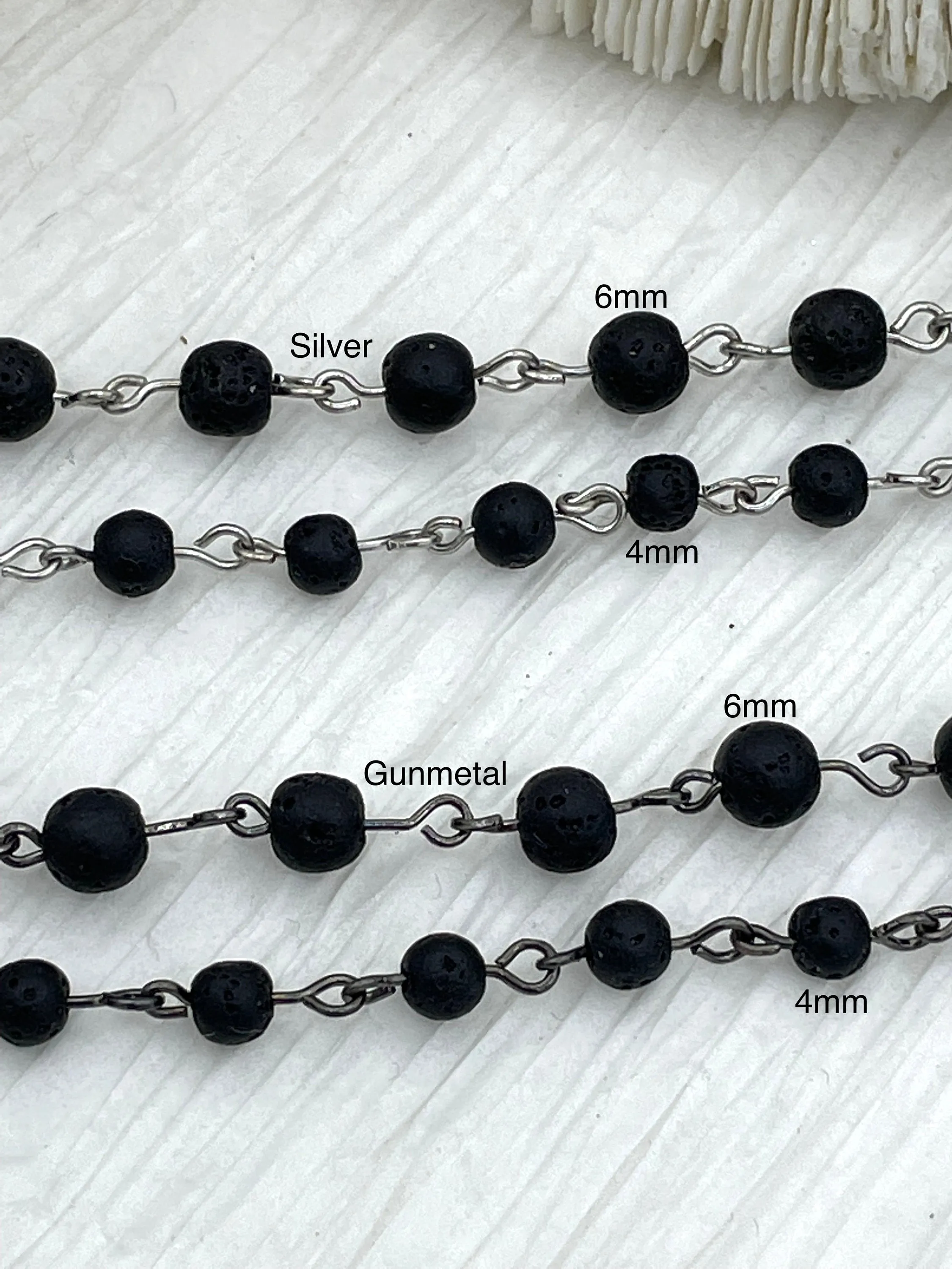 Black lava  Beaded Chain Rosary beads, 6mm and 4 mm  Silver or Gunmetal, pin 1 Meter (39 ") Fast Ship WHOLESALE