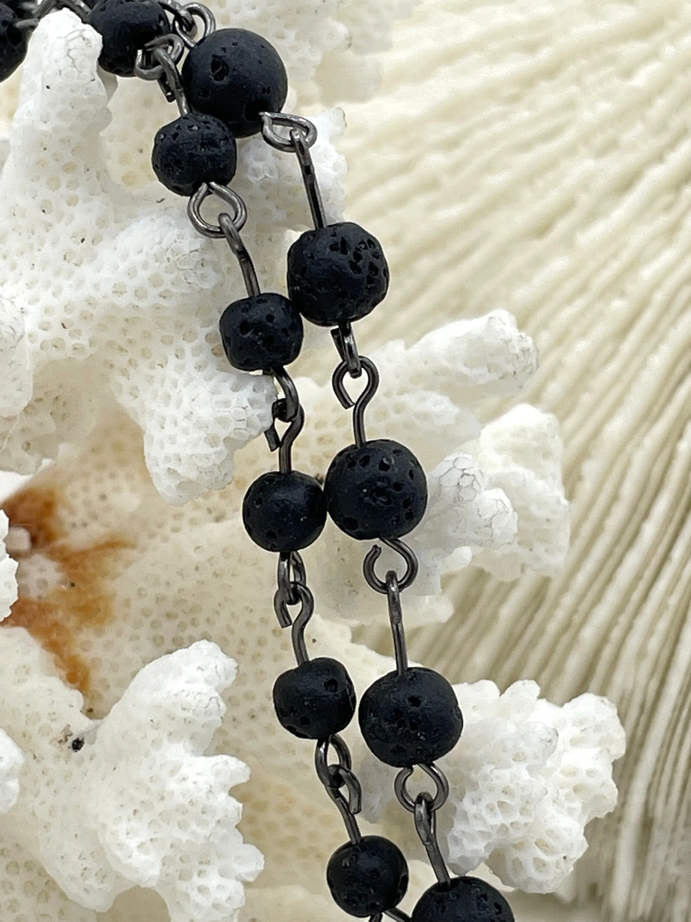 Black lava  Beaded Chain Rosary beads, 6mm and 4 mm  Silver or Gunmetal, pin 1 Meter (39 ") Fast Ship WHOLESALE