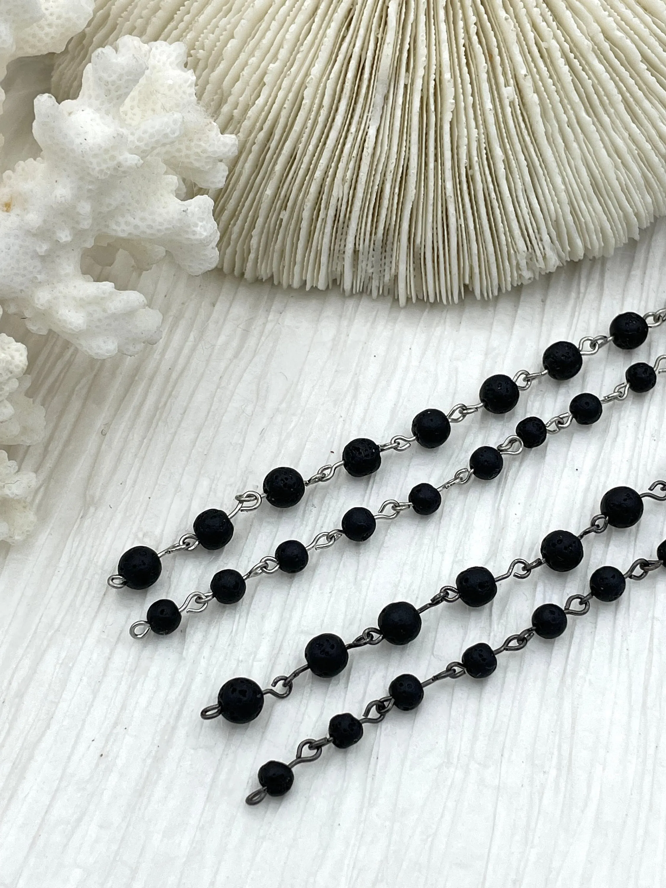 Black lava  Beaded Chain Rosary beads, 6mm and 4 mm  Silver or Gunmetal, pin 1 Meter (39 ") Fast Ship WHOLESALE