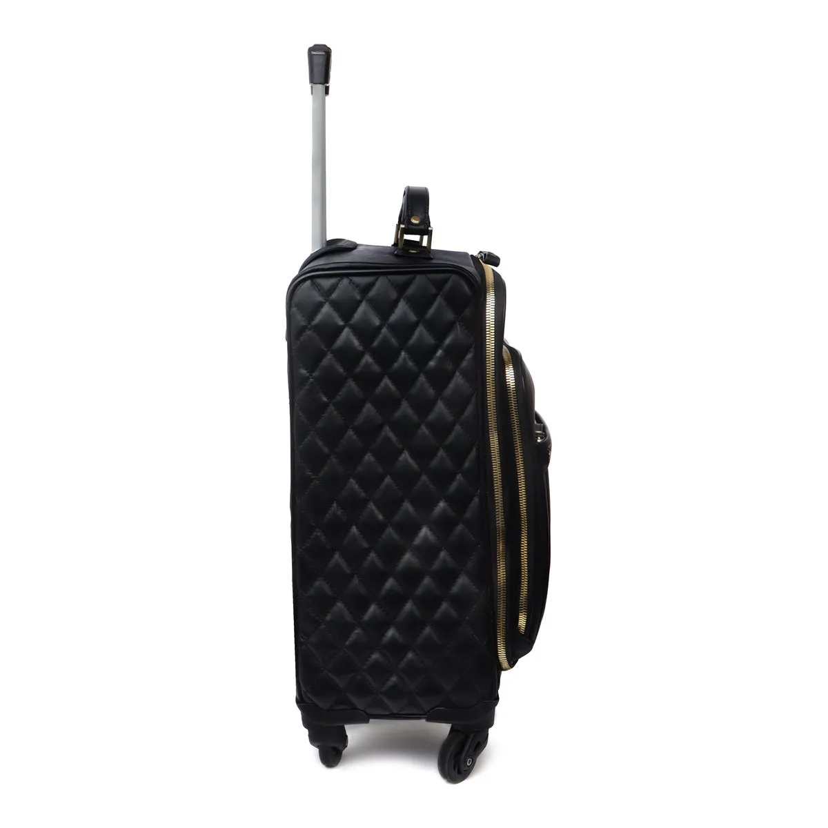 Black Leather Diamond Stitched Quad Wheel Trolley Bag With Embossed Lion Logo by Brune & Bareskin