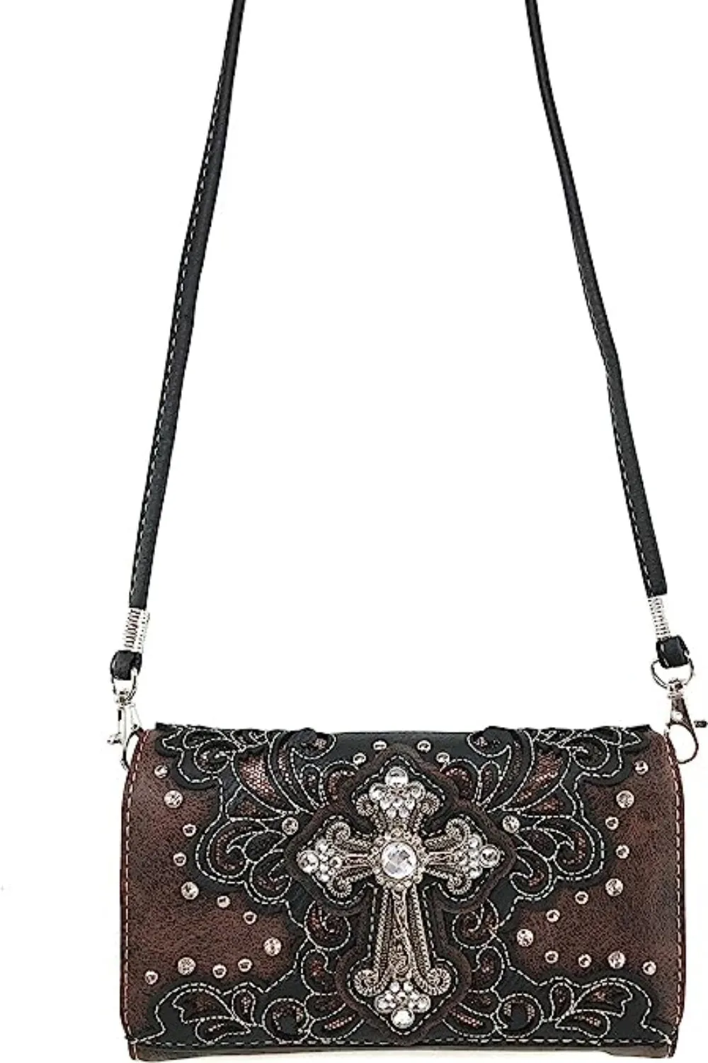 Bling Gleam Rhinestone Cross Floral Purse Long Cross Body Strap Bag