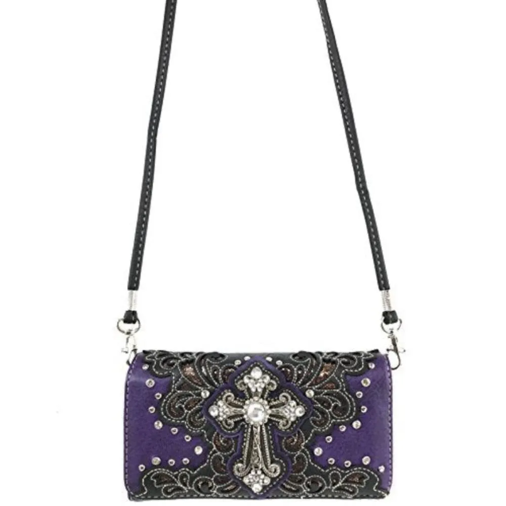 Bling Gleam Rhinestone Cross Floral Purse Long Cross Body Strap Bag