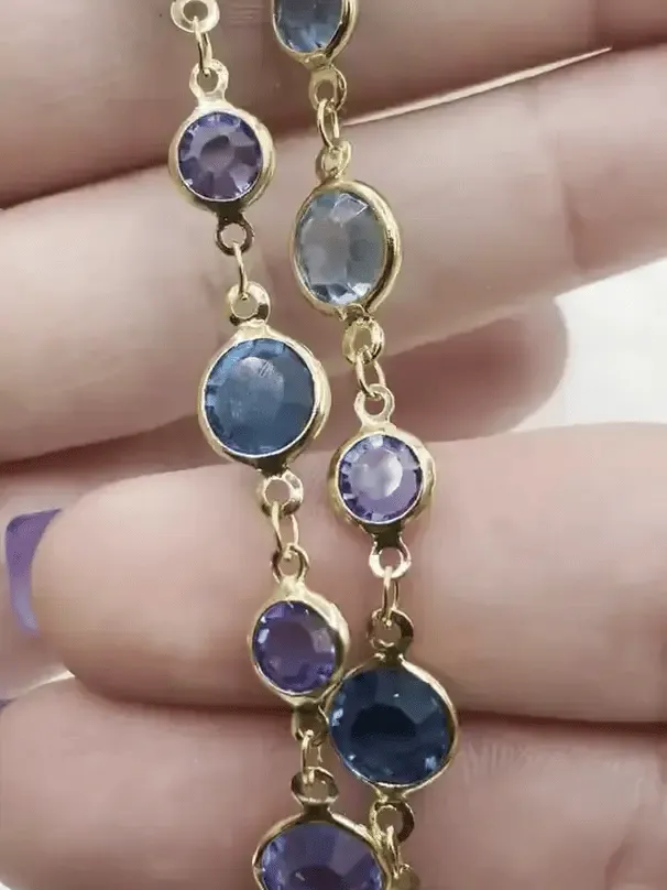 Blue Crystal and 18K Gold Plated Brass Chain, Dainty 18K Gold Plated Chain, Round Light Blue and Drak Blue CZ, Sold By the Foot, Fast Ship