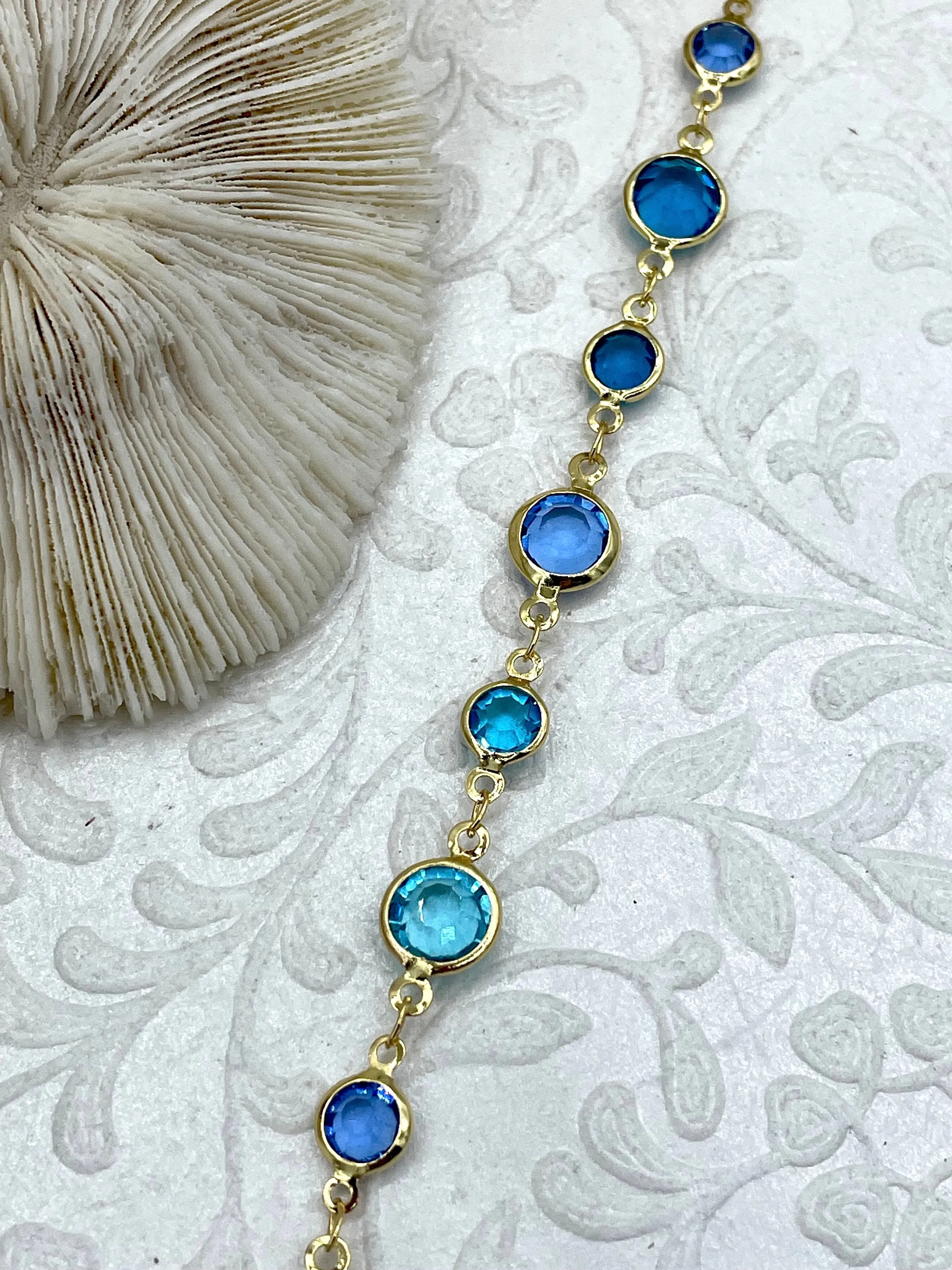 Blue Crystal and 18K Gold Plated Brass Chain, Dainty 18K Gold Plated Chain, Round Light Blue and Drak Blue CZ, Sold By the Foot, Fast Ship