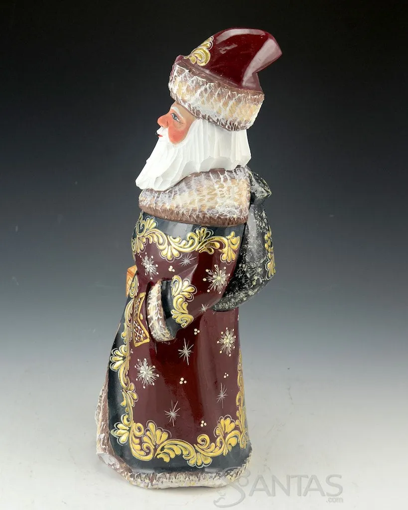 Burgundy and Gold Carved Russian Santa Claus 11.5 inch