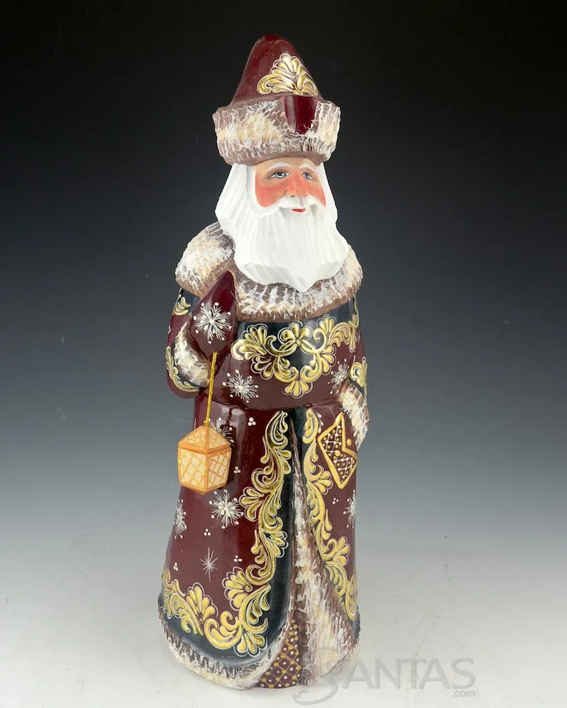 Burgundy and Gold Carved Russian Santa Claus 11.5 inch