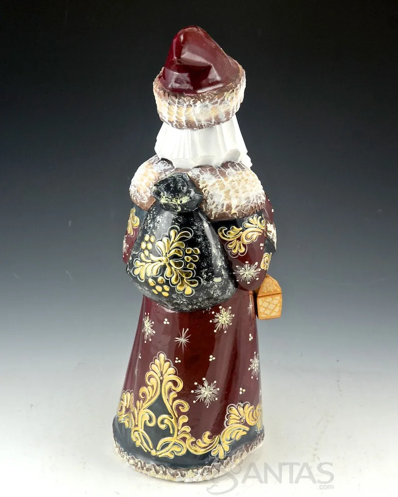 Burgundy and Gold Carved Russian Santa Claus 11.5 inch