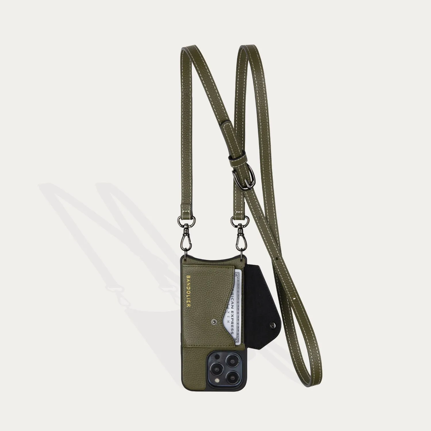 Casey Side Slot Pebble Leather Crossbody Bandolier - Army Green/Pewter