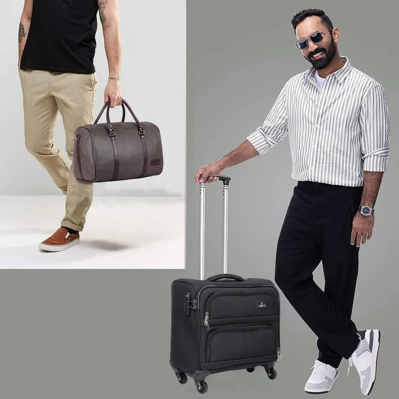 Combo: Laptop Trolley Case & 29 L Vegan Leather Duffel Bag | 44 cm | Jet Black & Ash Grey