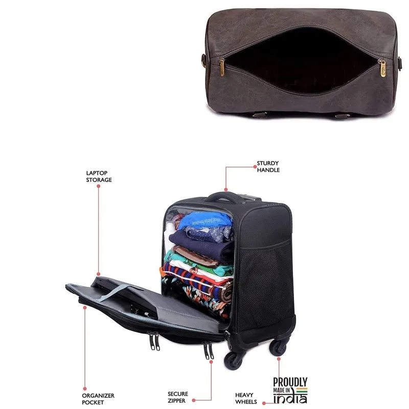 Combo: Laptop Trolley Case & 29 L Vegan Leather Duffel Bag | 44 cm | Jet Black & Ash Grey