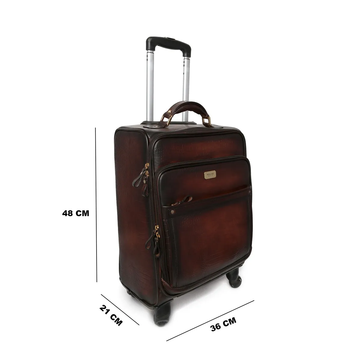 Croco Dark Brown Quad Wheel Cabin Luggage Leather Bag By Brune & bareskin