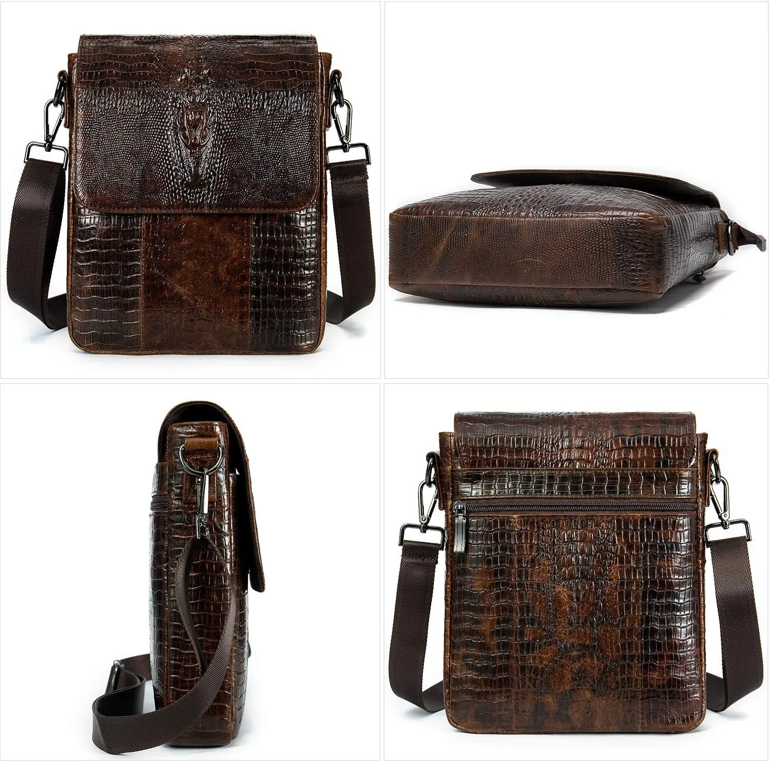 Crocodile Embossed Coffee Leather Flap Messenger Bag