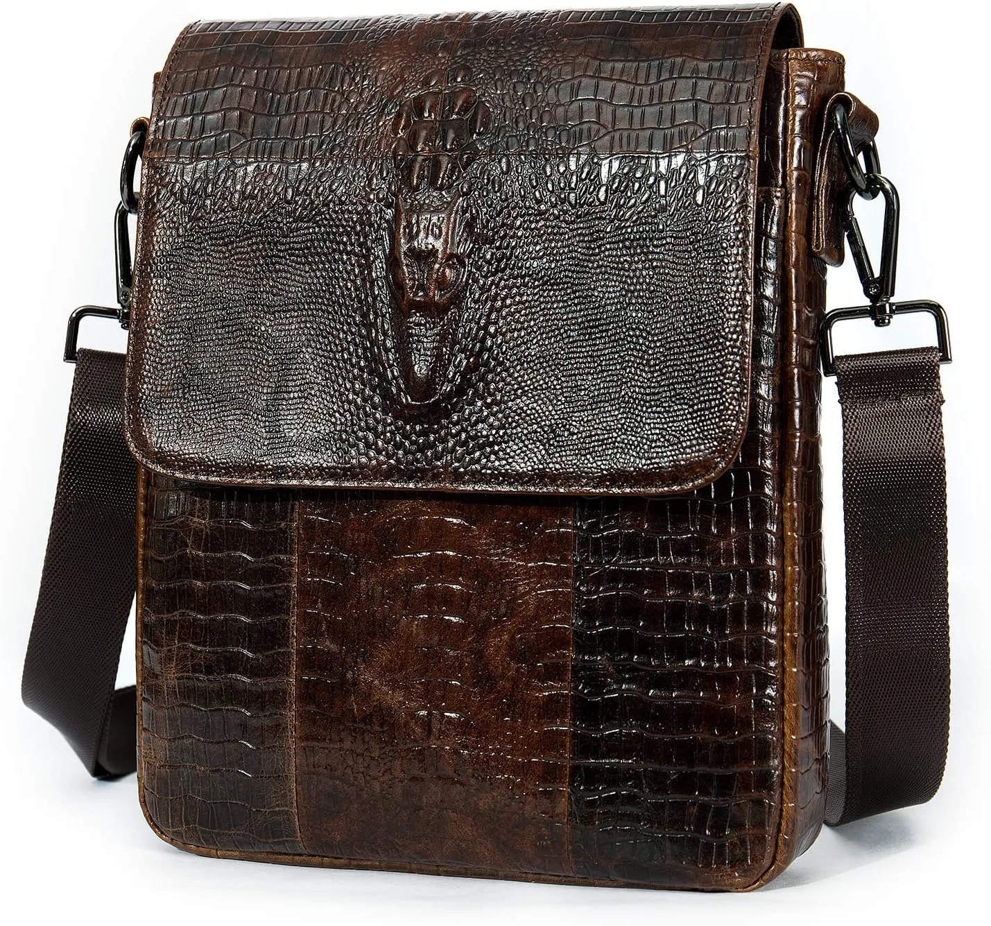 Crocodile Embossed Coffee Leather Flap Messenger Bag