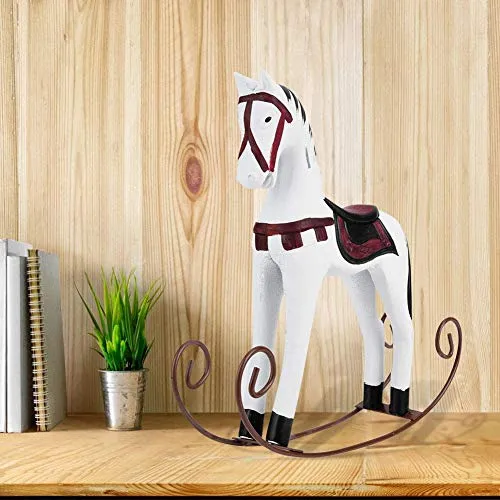 Fdit European Logs Handmade Wooden Painted Carved Rocking Horse Creative Animal Gifts Table Decoration in Home Office Cafe Bar(White)