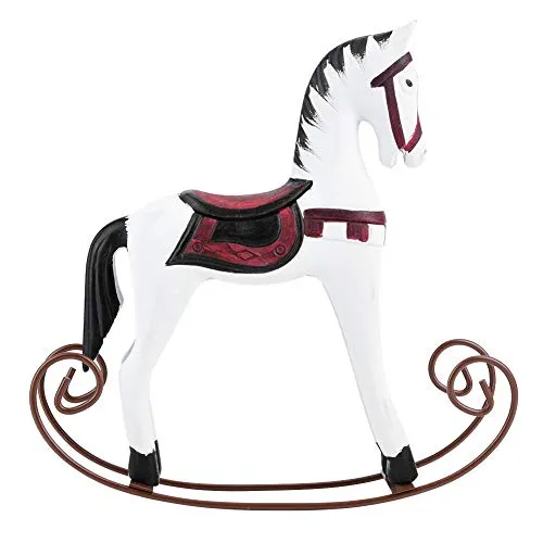 Fdit European Logs Handmade Wooden Painted Carved Rocking Horse Creative Animal Gifts Table Decoration in Home Office Cafe Bar(White)