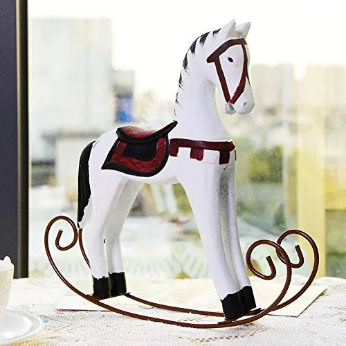 Fdit European Logs Handmade Wooden Painted Carved Rocking Horse Creative Animal Gifts Table Decoration in Home Office Cafe Bar(White)