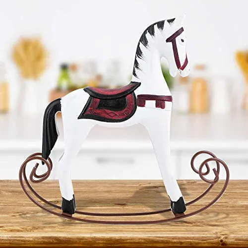 Fdit European Logs Handmade Wooden Painted Carved Rocking Horse Creative Animal Gifts Table Decoration in Home Office Cafe Bar(White)