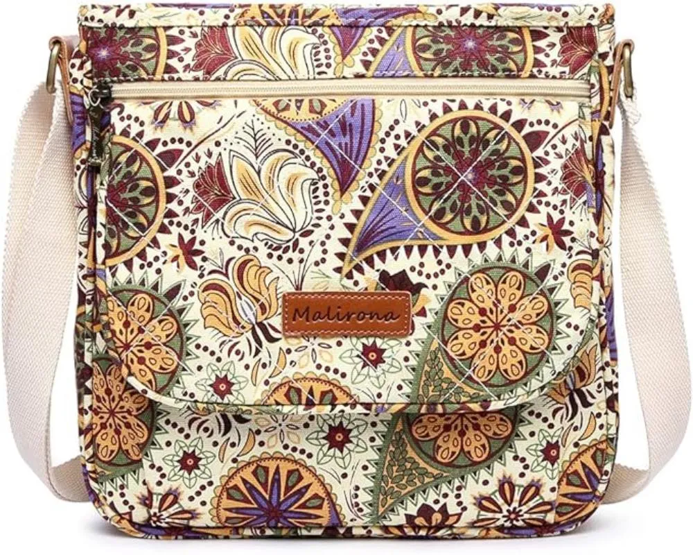 Floral Crossbody Canvas Messenger Handbag Multi Pocket Satchel Purse