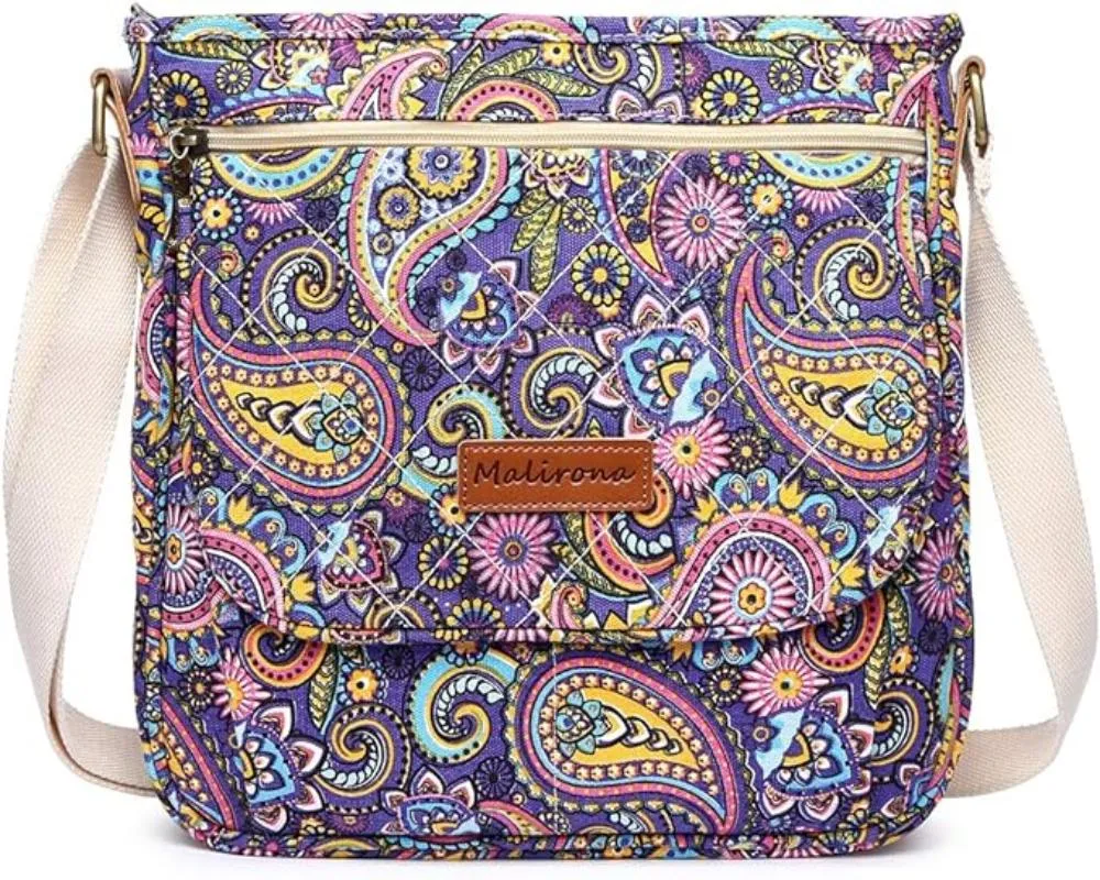 Floral Crossbody Canvas Messenger Handbag Multi Pocket Satchel Purse