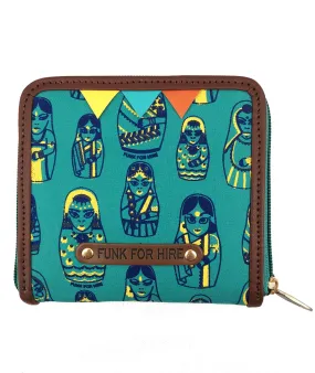 Funk For Hire Women Doll Printed Turquoise Green Canvas Square Wallet