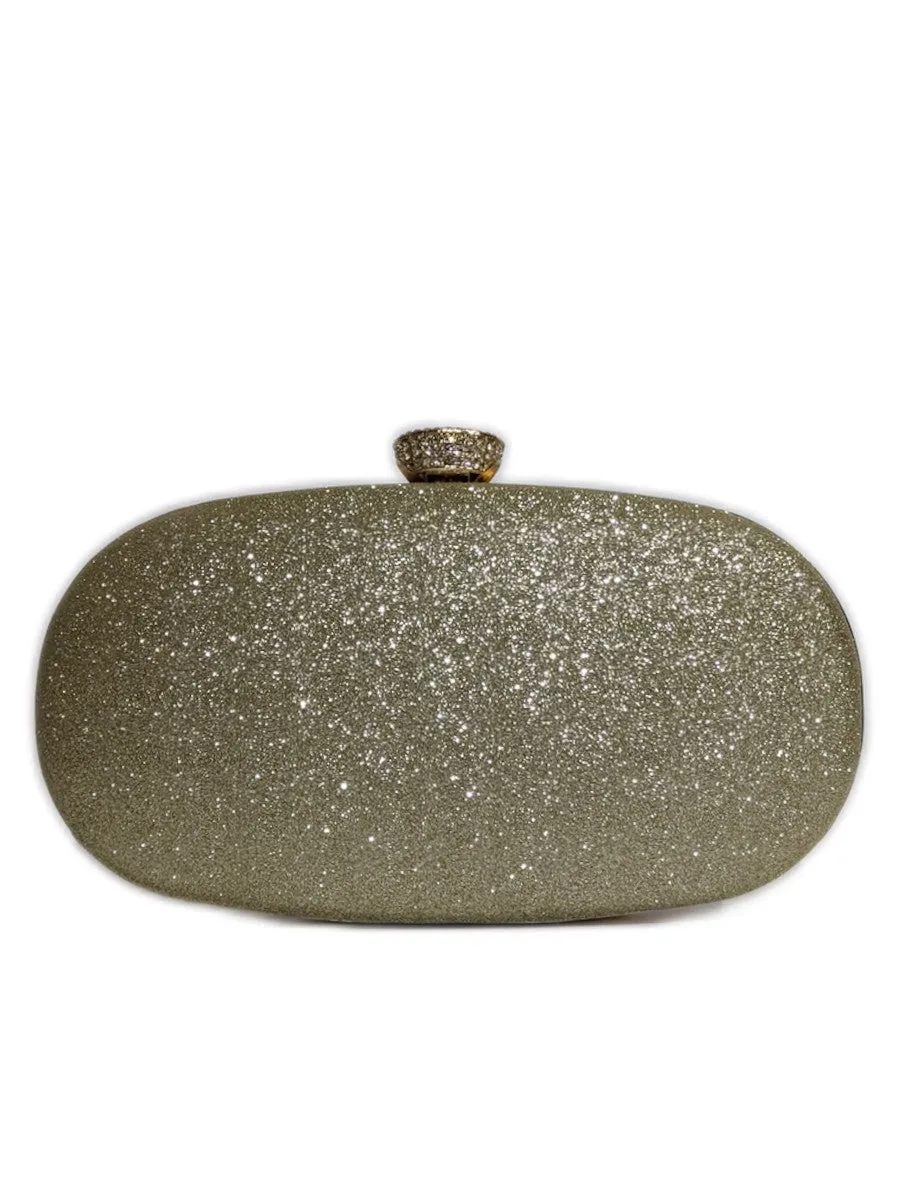 Gold Glitter Diamond Oval Clutch Bag with Gold Chain