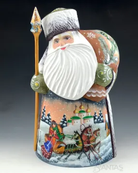 Green and gold Scenic Santa with Birds and Troika Scene