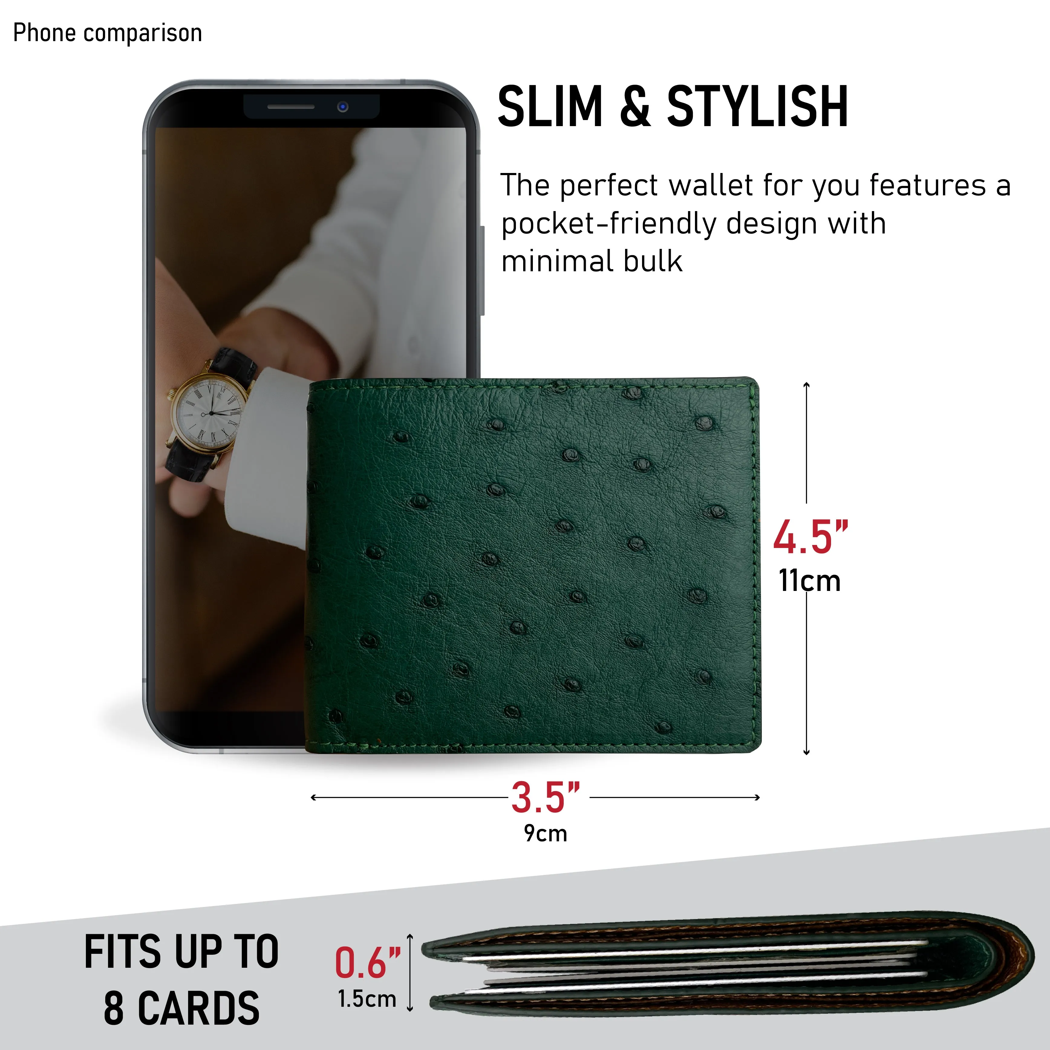 Green Handmade Double Side Ostrich Leather Bifold Wallet for Men | VINAMOS-08