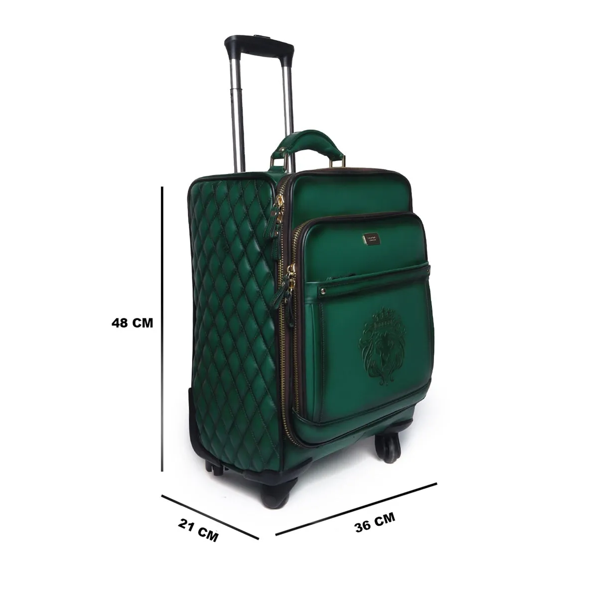 Green Leather Diamond Stitched Quad Wheel Trolly Bag by Brune & Bareskin