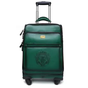 Green Leather Diamond Stitched Quad Wheel Trolly Bag by Brune & Bareskin